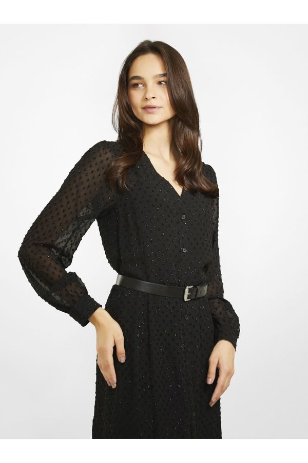 Vestido Midi Com Tule E Poás De Poliéster